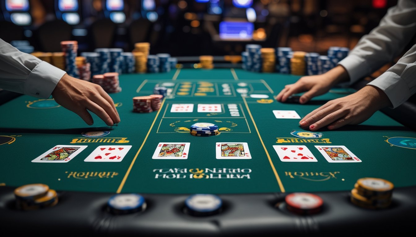 Meja kasino dengan kartu dan chip yang menunjukkan permainan Casino Hold’em dan Three Card Poker.