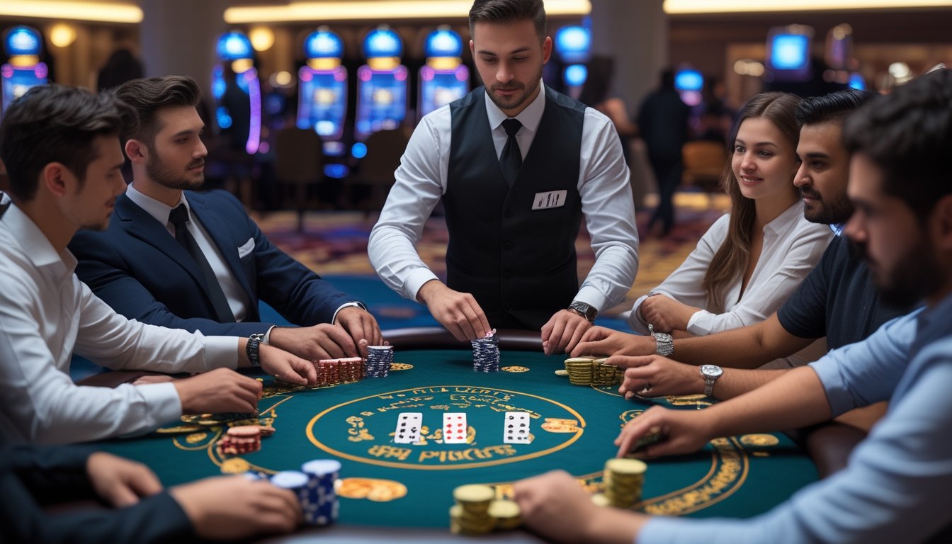 Meja kasino dengan dealer dan pemain sedang bermain Three Card Poker dengan tumpukan chip dan kartu di atas meja.