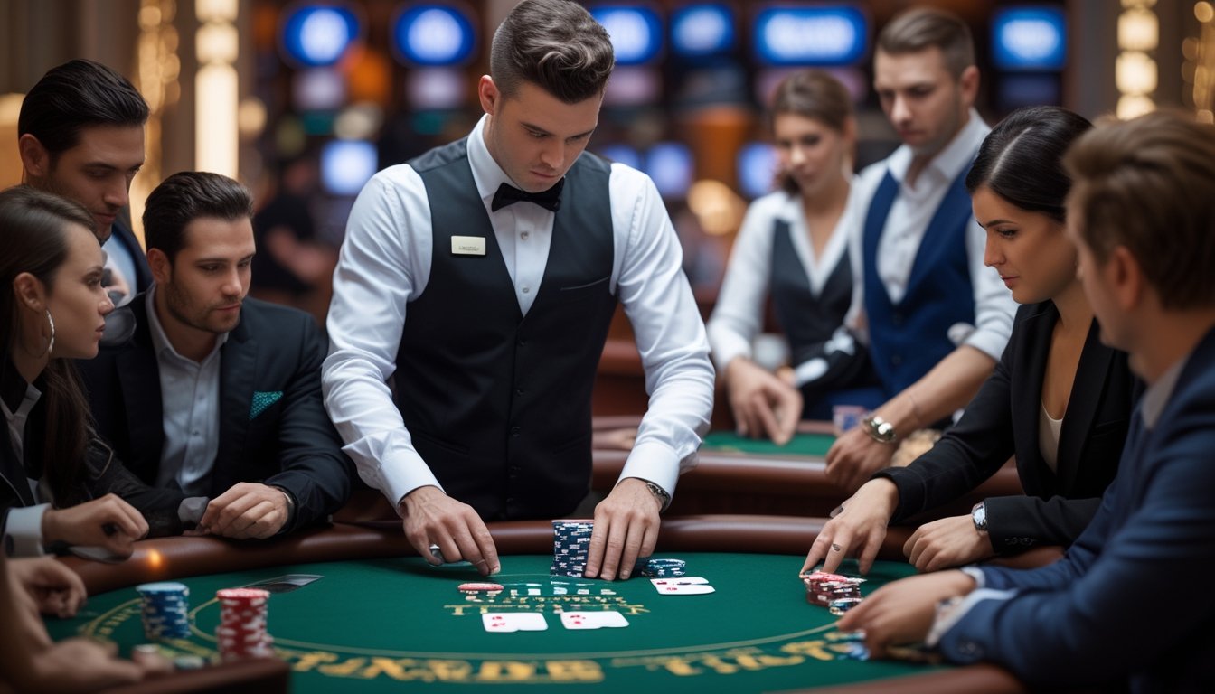 Seorang dealer kartu dan beberapa pemain sedang bermain Three Card Poker di meja kasino dengan suasana mewah dan pencahayaan hangat.
