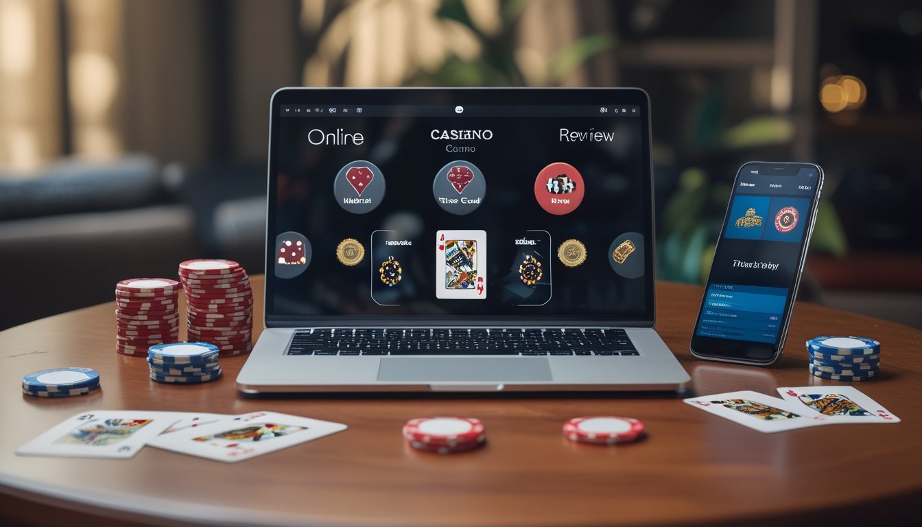 Seorang pria menggunakan laptop dengan tampilan permainan kasino online, dikelilingi oleh chip poker dan kartu remi di atas meja kayu.