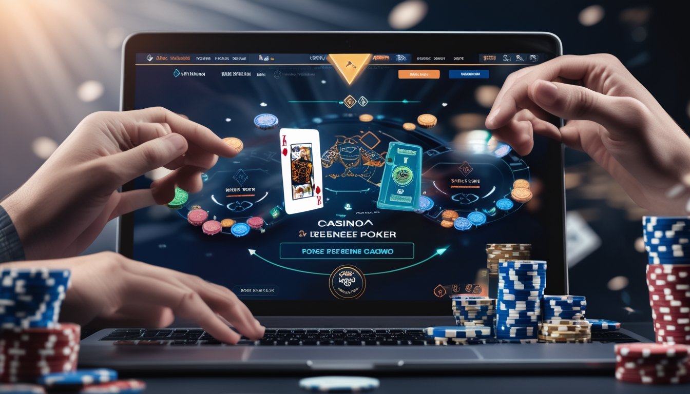 Seseorang menggunakan laptop dengan tampilan permainan poker Hold’em dan Three Card Poker, dikelilingi chip dan kartu remi.