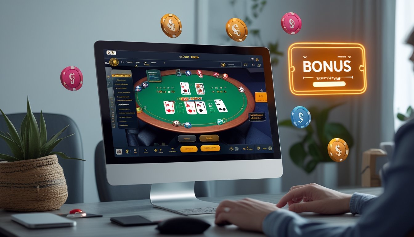 Seseorang bermain Casino Hold'em online di komputer dengan kartu dan chip, di lingkungan kerja yang rapi dan terang.