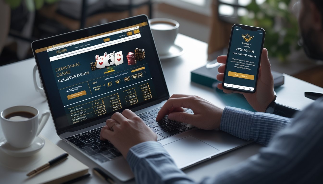 Seseorang sedang menyiapkan pendaftaran di situs kasino online menggunakan laptop dan smartphone di meja kerja yang rapi.