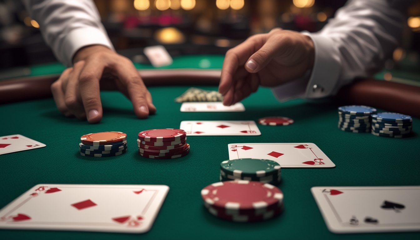 Meja poker dengan tiga kartu terbuka, tumpukan chip, dan tangan dealer di kasino.