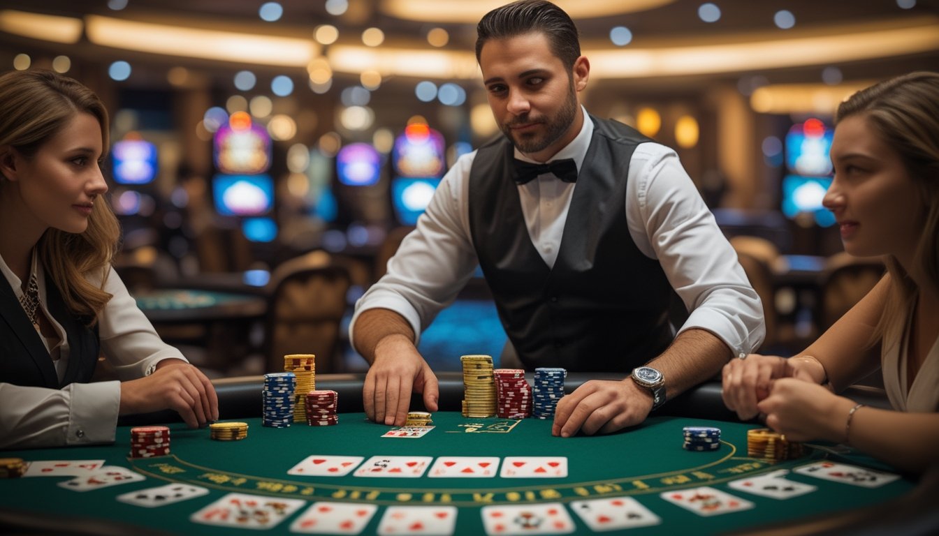 Meja poker di kasino dengan dealer dan pemain yang sedang bermain Three Card Poker, suasana kasino yang mewah dan pencahayaan lembut.