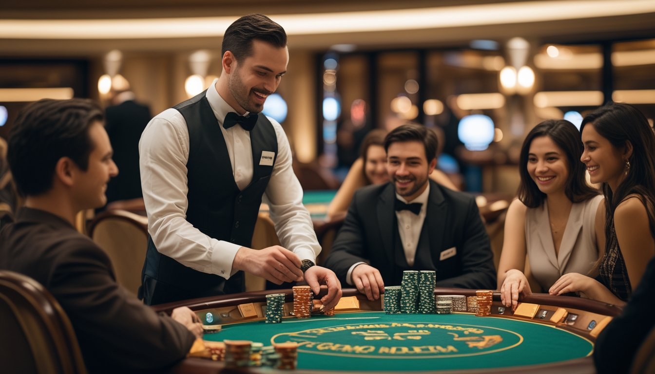 Seorang dealer yang berpakaian rapi membagikan kartu kepada pemain di meja poker di dalam kasino yang mewah.