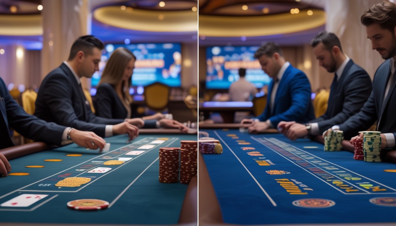 Suasana kasino dengan dua meja poker, satu untuk Three Card Poker dan satu untuk Casino Hold’em, dengan dealer dan pemain yang fokus bermain.