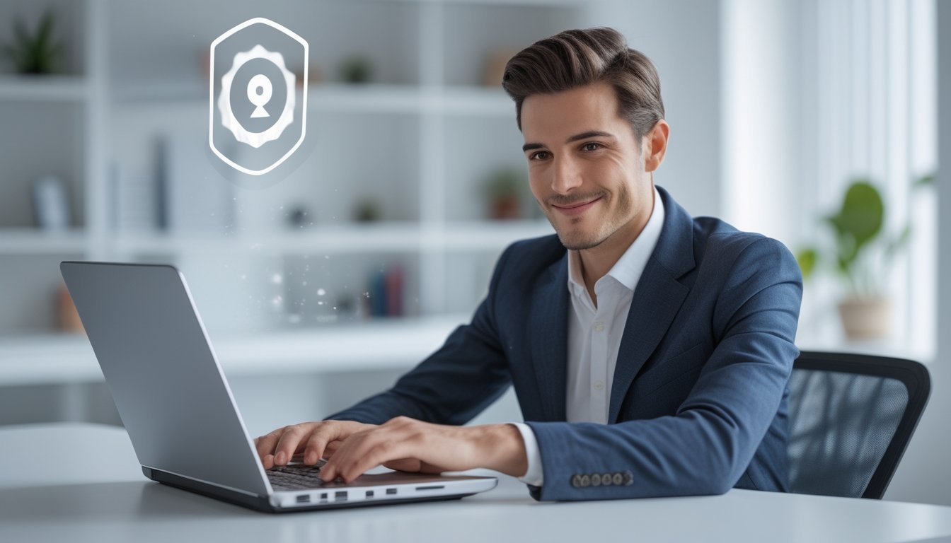 Seseorang duduk di meja modern menggunakan laptop dengan permainan blackjack online di layar, terlihat percaya diri dan fokus di ruang kantor yang terang dan rapi.