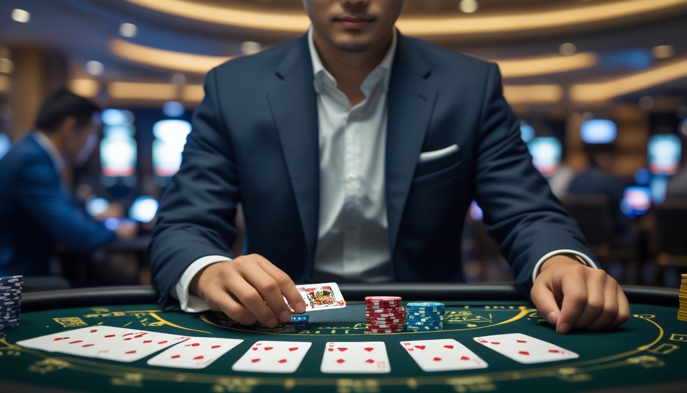 Seorang pria Asia berpakaian rapi sedang duduk di meja kasino modern bermain double exposure blackjack dengan ekspresi fokus.