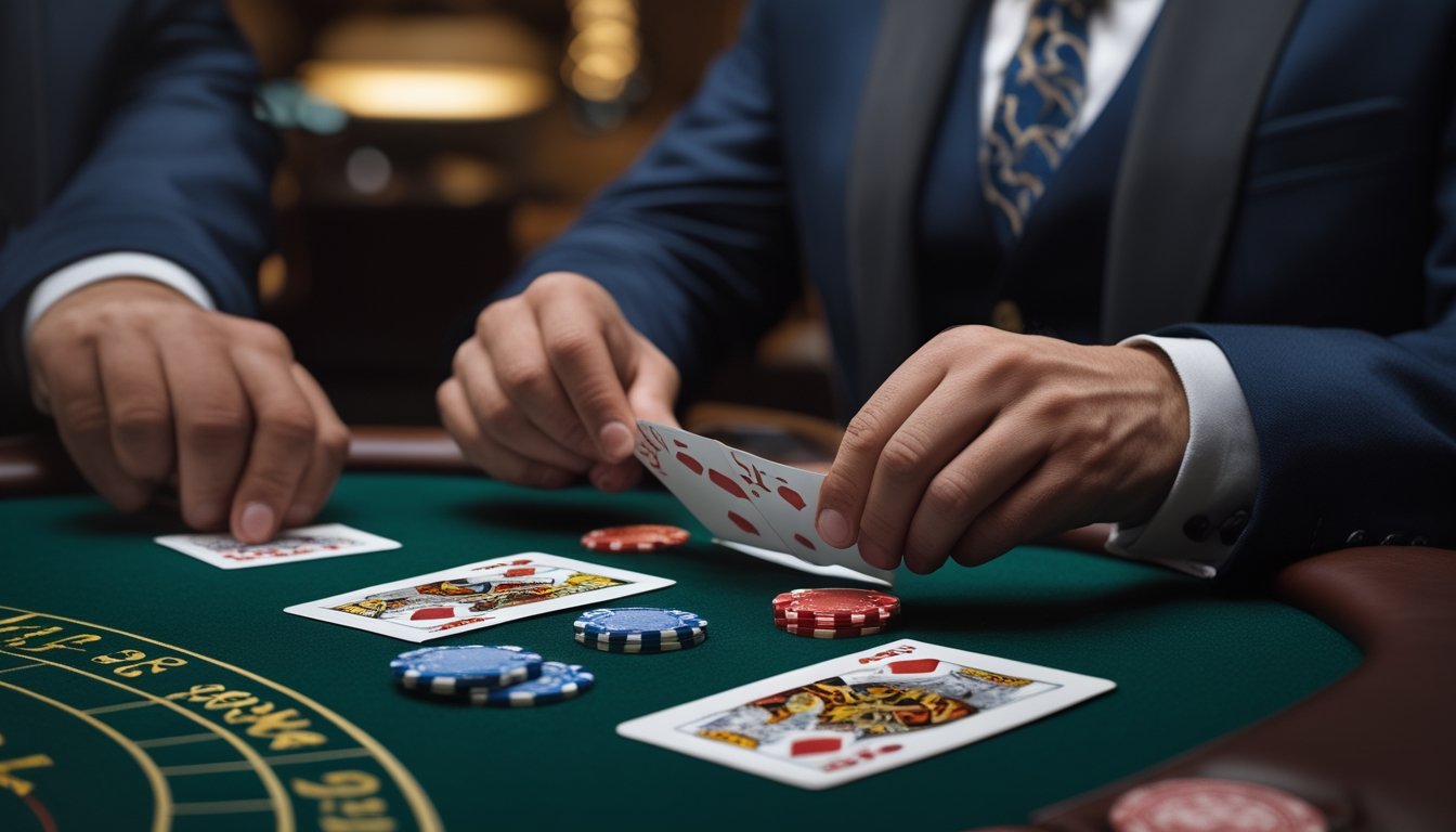 Seorang pemain berjudi di meja blackjack dengan kartu dan chip, suasana kasino yang profesional dan fokus.