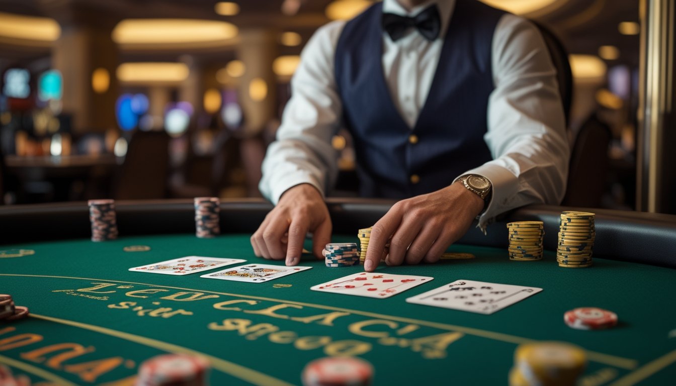 Seorang pemain profesional sedang bermain Blackjack Switch di meja kasino dengan kartu dan tumpukan chip, suasana kasino yang elegan di latar belakang.