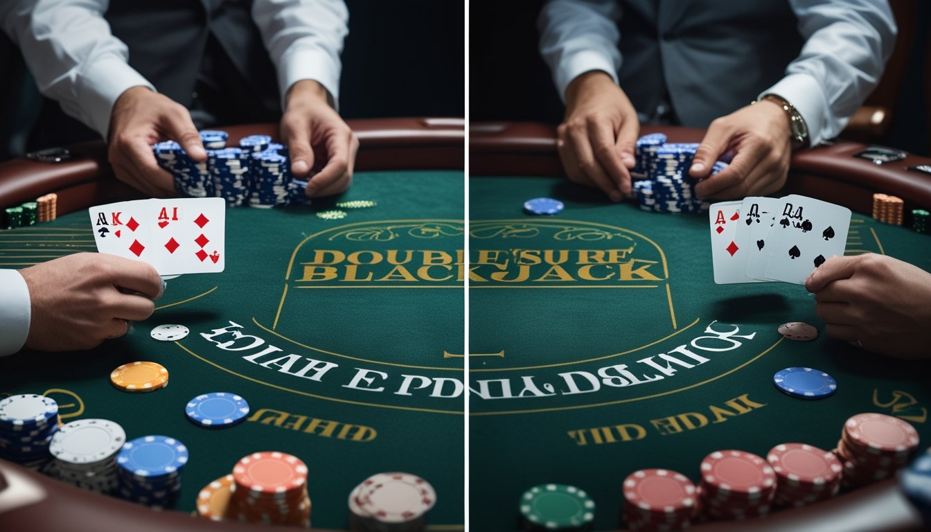 Meja kasino dengan dua permainan blackjack yang berbeda, satu dengan kartu dealer terbuka semua dan satu dengan kartu dealer sebagian tertutup.