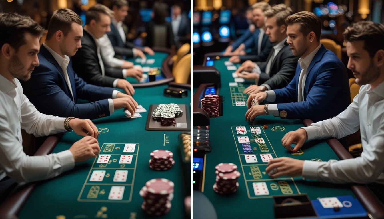 Meja blackjack di kasino dengan dua jenis permainan yang berbeda, pemain dan dealer sedang bermain.