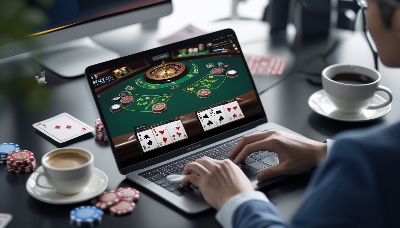 Seorang pemain sedang bermain Blackjack Switch di komputer dengan meja kartu dan chip kasino terlihat di sekitarnya.
