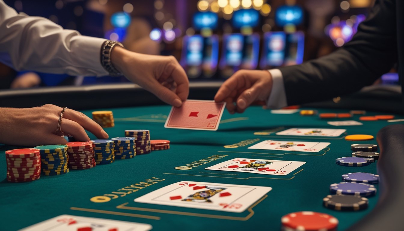 Meja blackjack dengan kartu dan chip, dealer membagikan kartu kepada pemain di kasino.