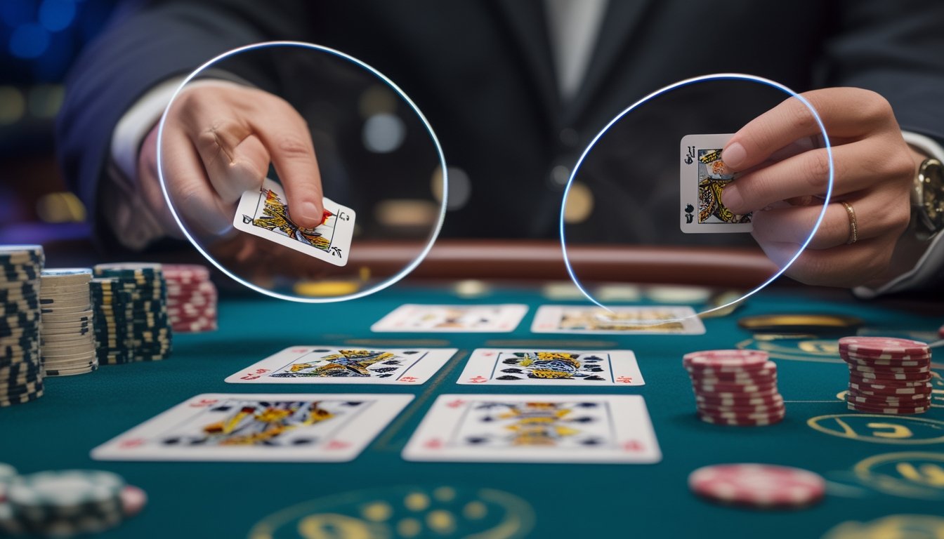Meja blackjack dengan tangan dealer dan pemain yang memegang kartu dan chip di kasino.