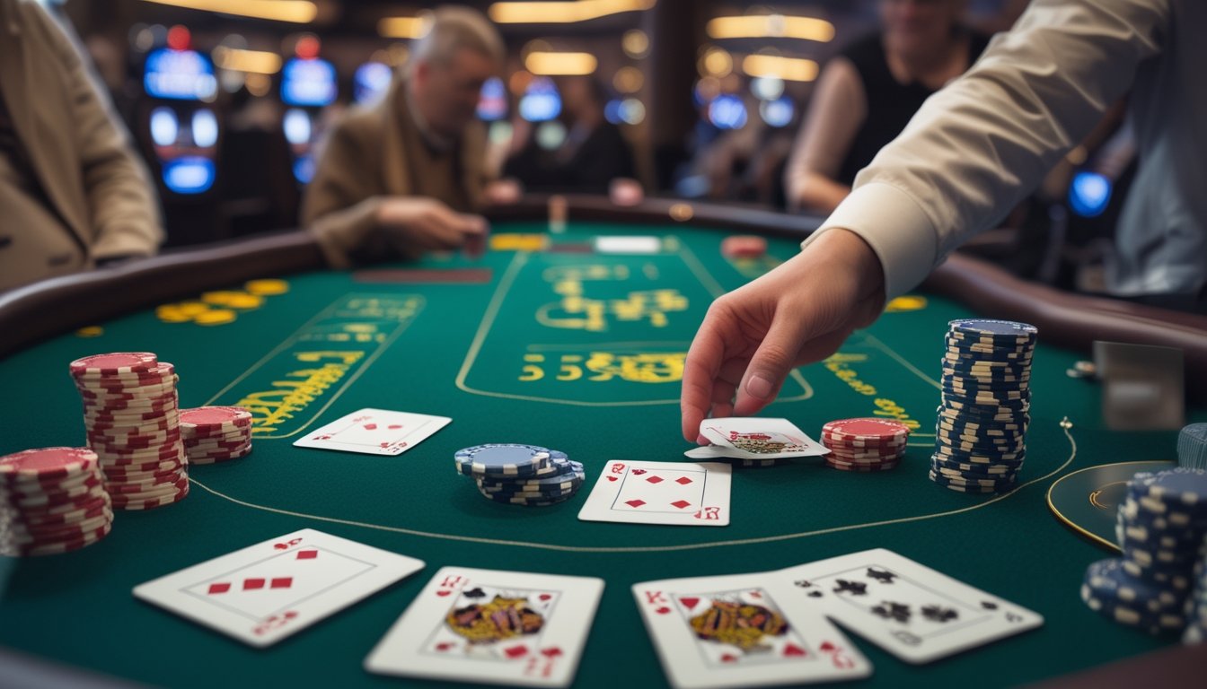 Meja kasino dengan dua set kartu Blackjack Switch dan tumpukan chip, seorang dealer sedang menukar kartu di depan pemain.