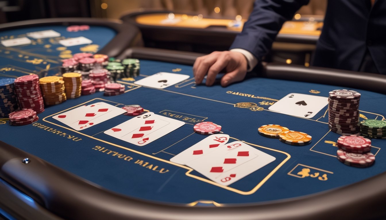 Meja kasino dengan dua tangan kartu blackjack yang dimainkan bersamaan, tumpukan chip, dan dealer yang mengawasi permainan.