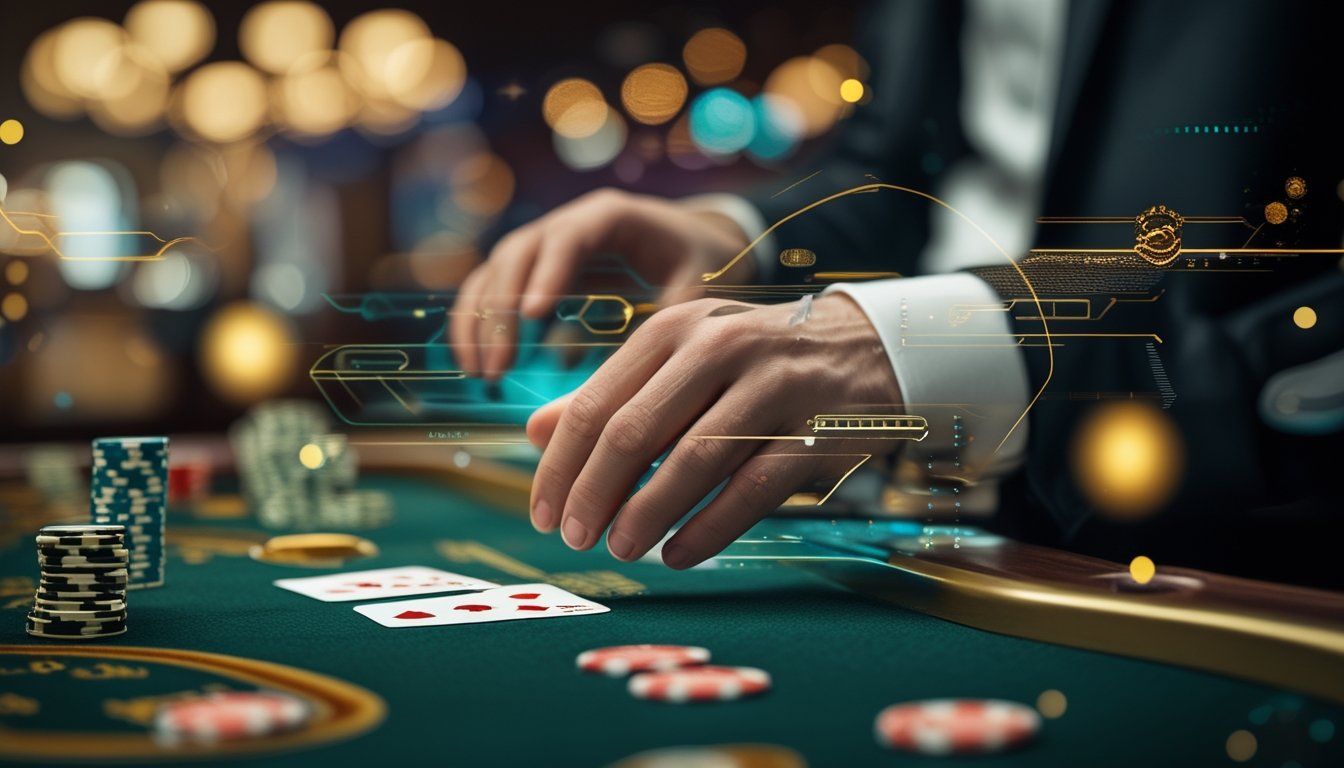 Tangan dealer membagikan kartu blackjack di meja kasino dengan latar belakang suasana kasino yang samar.