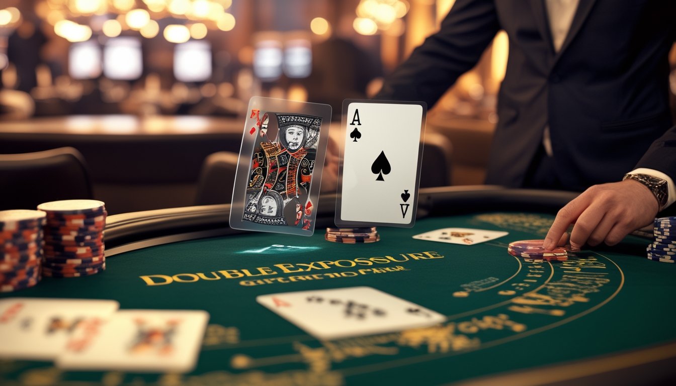 Meja blackjack dengan dua kartu transparan tumpang tindih dan dealer yang sedang mengatur permainan di kasino mewah.
