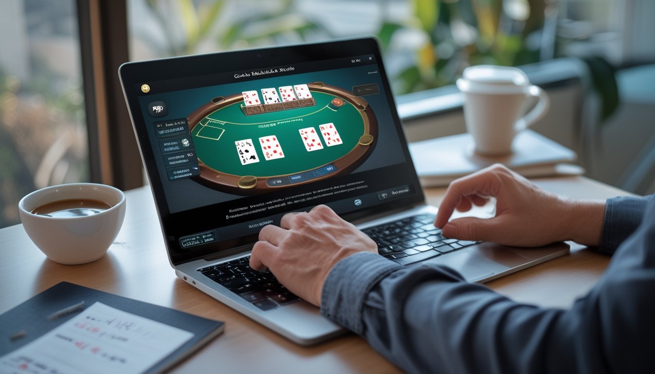 Seseorang sedang bermain Blackjack Switch online di laptop dengan fokus di ruang kerja rumah yang terang.