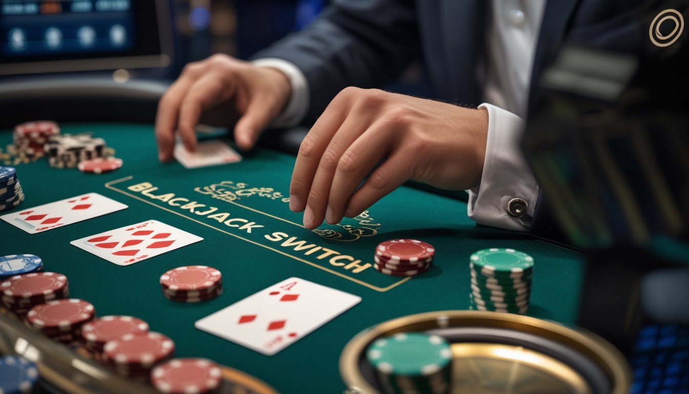 Seorang dealer membagikan kartu di meja blackjack dengan tumpukan chip dan pemain yang fokus memperhatikan permainan.