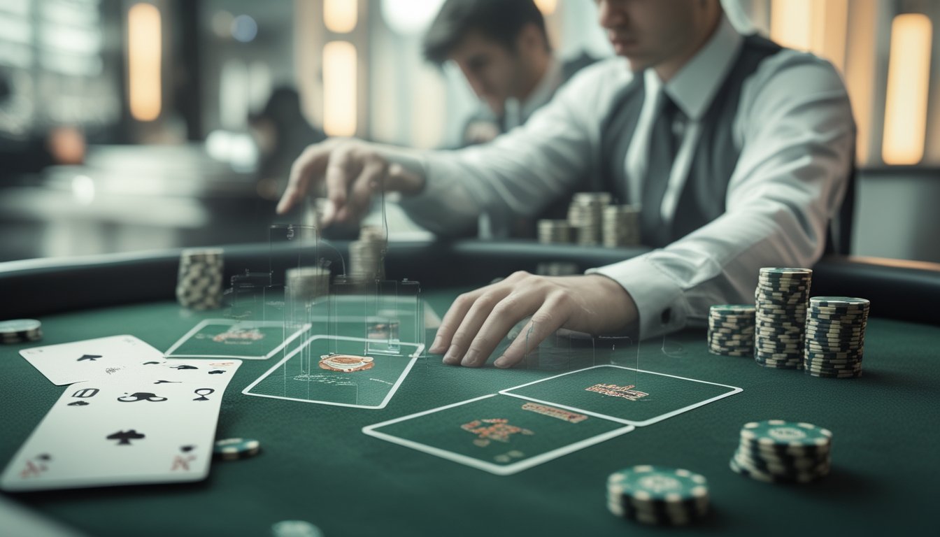 Meja kasino dengan kartu blackjack dan tumpukan chip, serta pemain yang fokus dan dealer di latar belakang.