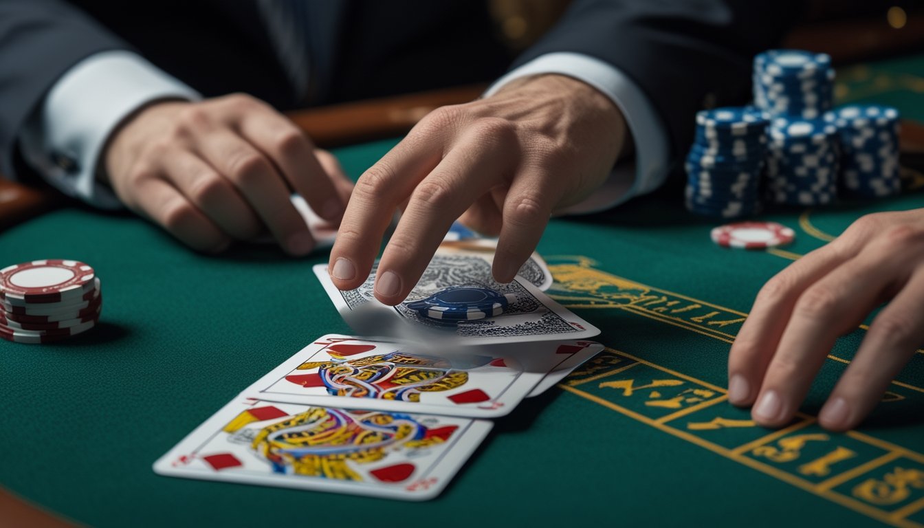 Meja blackjack di kasino dengan kartu dan chip, menampilkan dua kartu transparan yang tumpang tindih dan tangan dealer serta pemain.