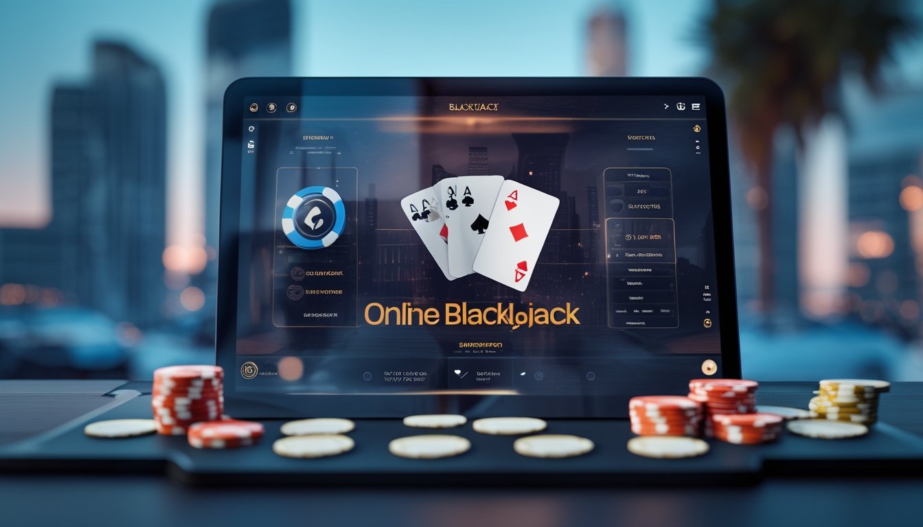 Suasana kasino modern dengan kartu blackjack, chip, dan antarmuka digital yang menampilkan efek double exposure serta ikon tombol switch.