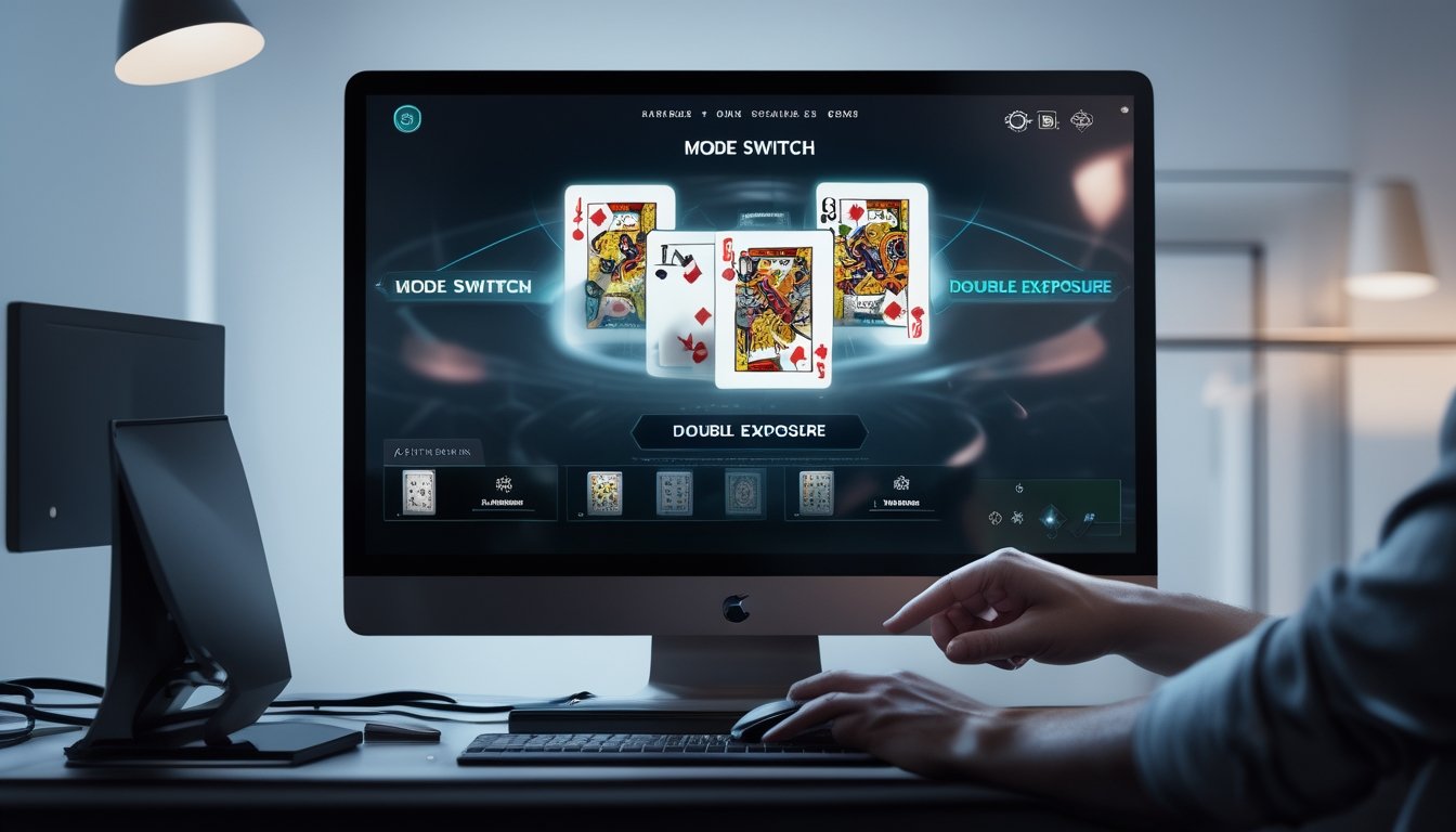 Seorang pemain sedang bermain blackjack online dengan tampilan layar komputer yang menampilkan fitur mode switch dan double exposure dalam suasana ruangan yang rapi.