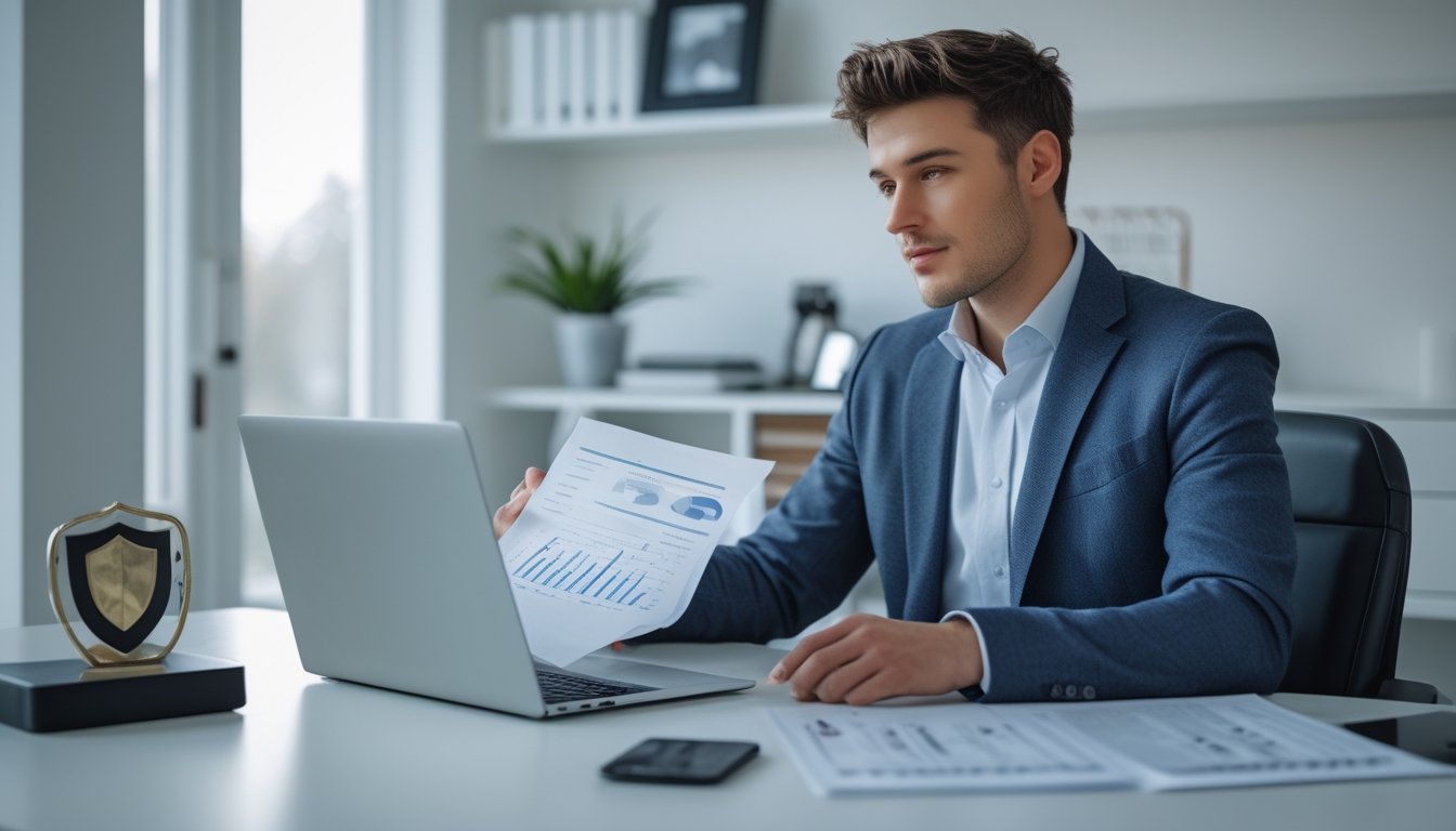 Seorang pria muda duduk di meja kerja di ruang kantor rumah yang terang, sedang melihat dokumen dan menggunakan laptop dengan grafik di layar.
