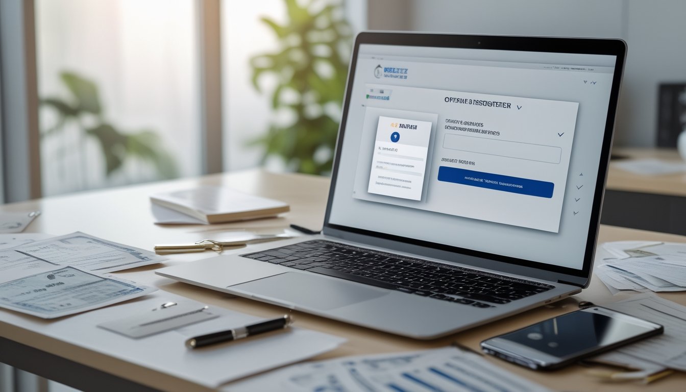 Meja kerja dengan laptop, dokumen resmi, pena, dan ponsel yang menunjukkan proses pendaftaran online.
