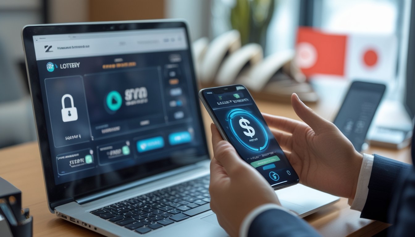 Seseorang menggunakan laptop dan ponsel untuk melakukan transaksi deposit dan penarikan uang dengan latar belakang elemen yang mewakili Sydney dan Jepang.
