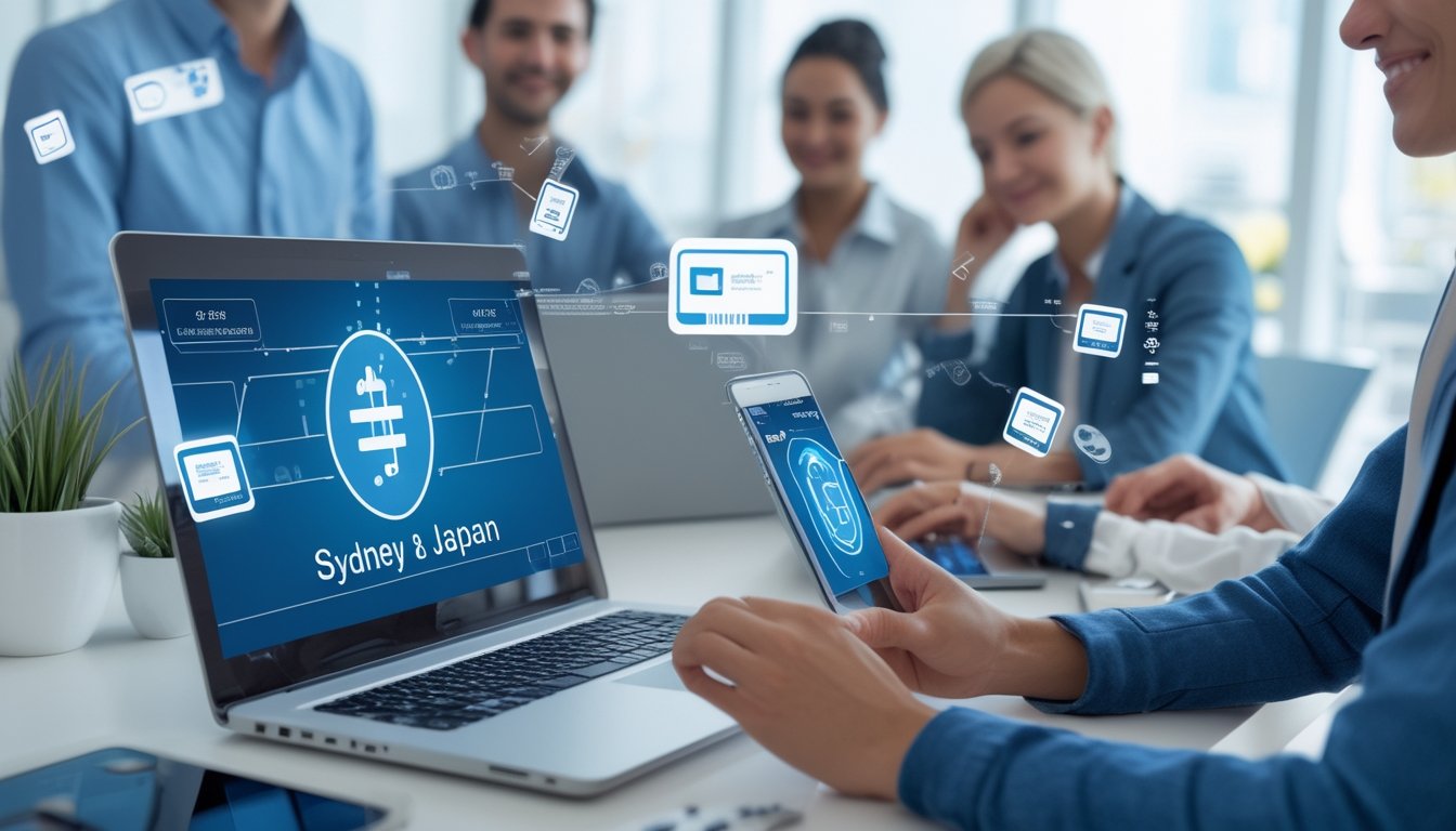 Orang-orang menggunakan laptop dan ponsel di kantor modern untuk melakukan transaksi deposit dan penarikan uang secara aman.