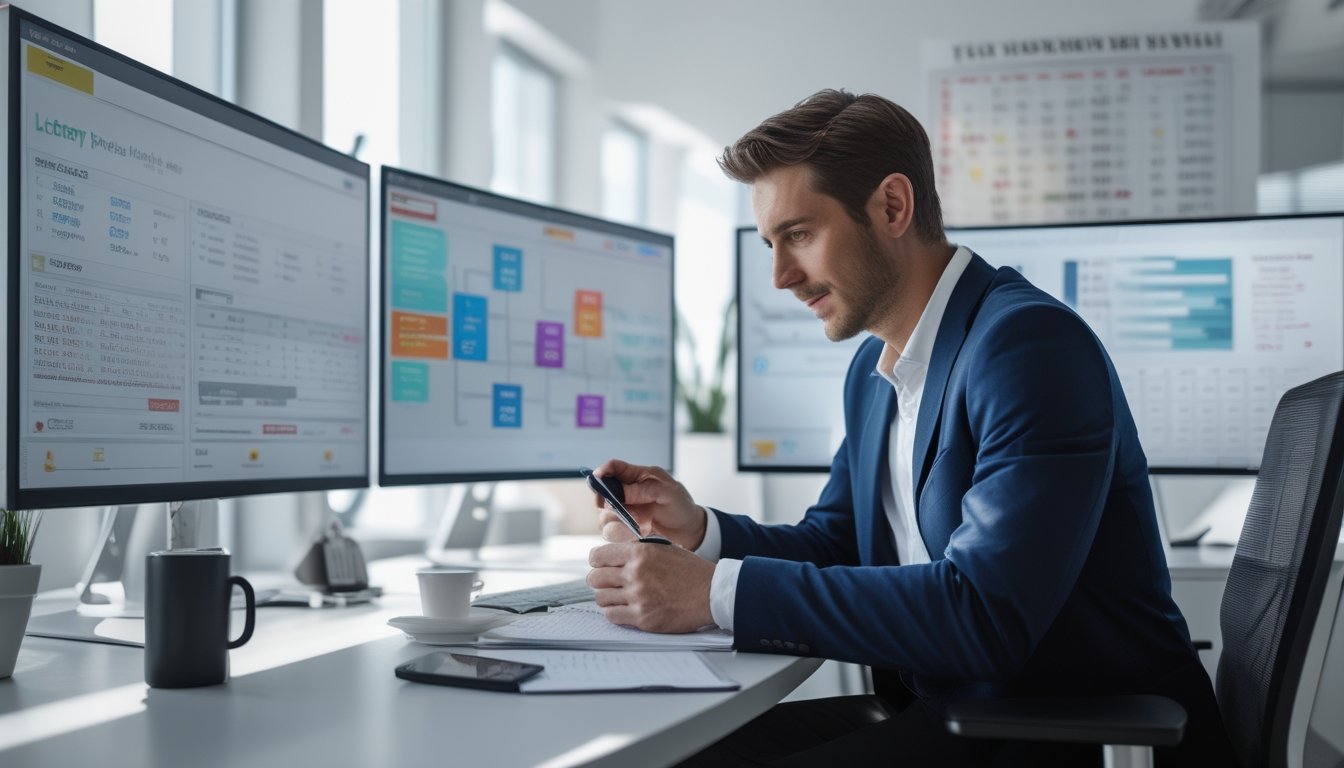 Seorang analis profesional duduk di meja kantor modern dengan beberapa monitor yang menampilkan grafik dan data prediksi togel.