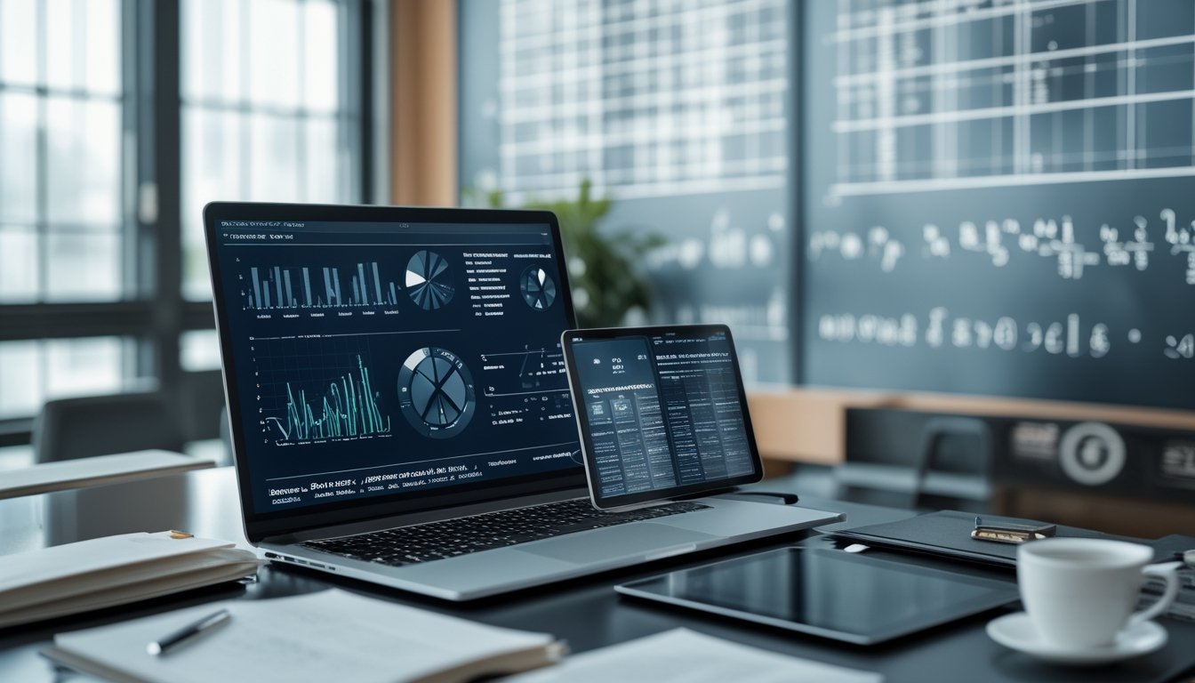 Meja kerja modern dengan perangkat digital menampilkan grafik dan data prediksi, dilengkapi alat tulis dan secangkir kopi di ruangan yang terang.