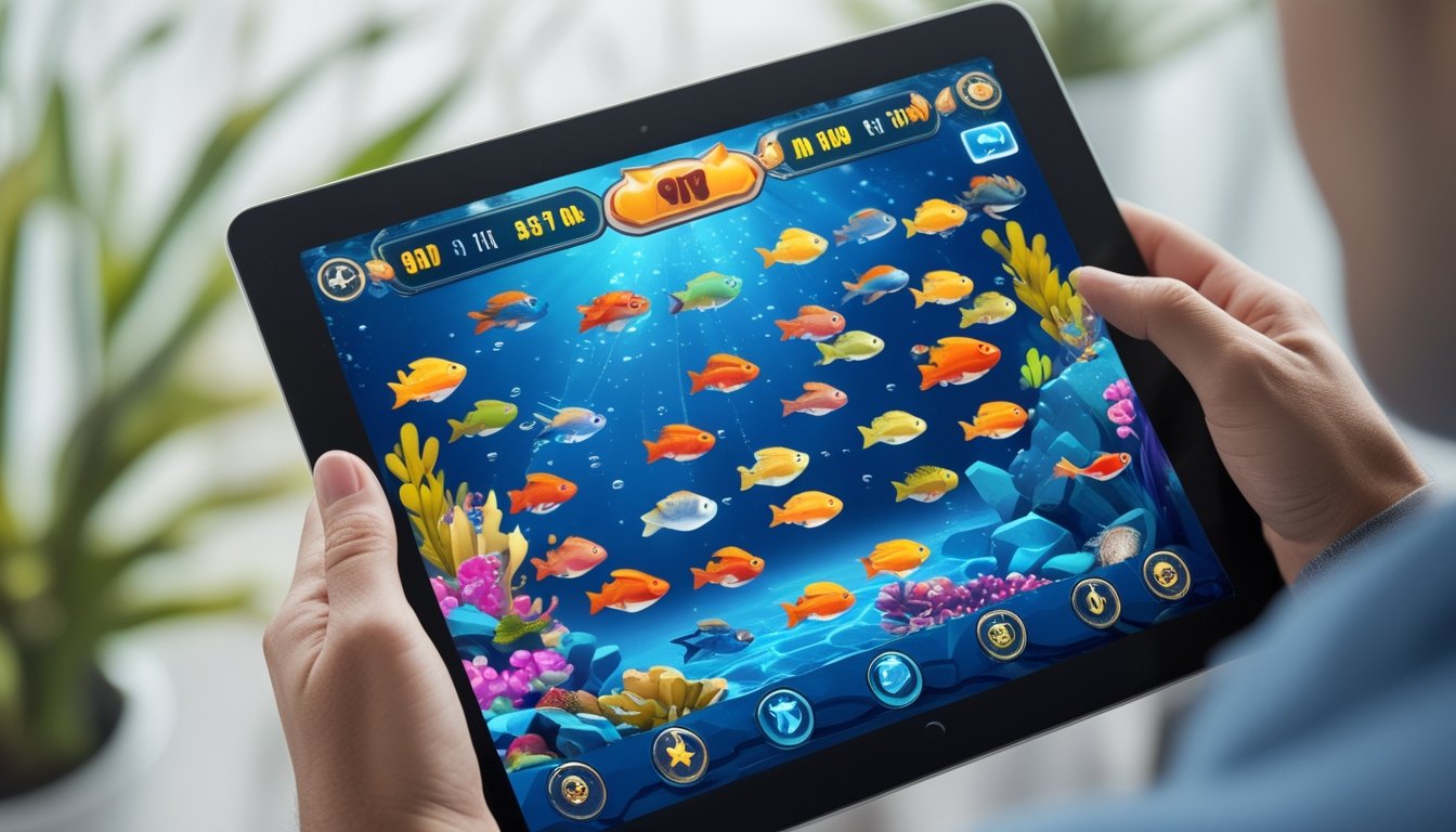 Seseorang memegang tablet yang menampilkan permainan menembak ikan 2D dengan ikan-ikan berwarna-warni di layar.