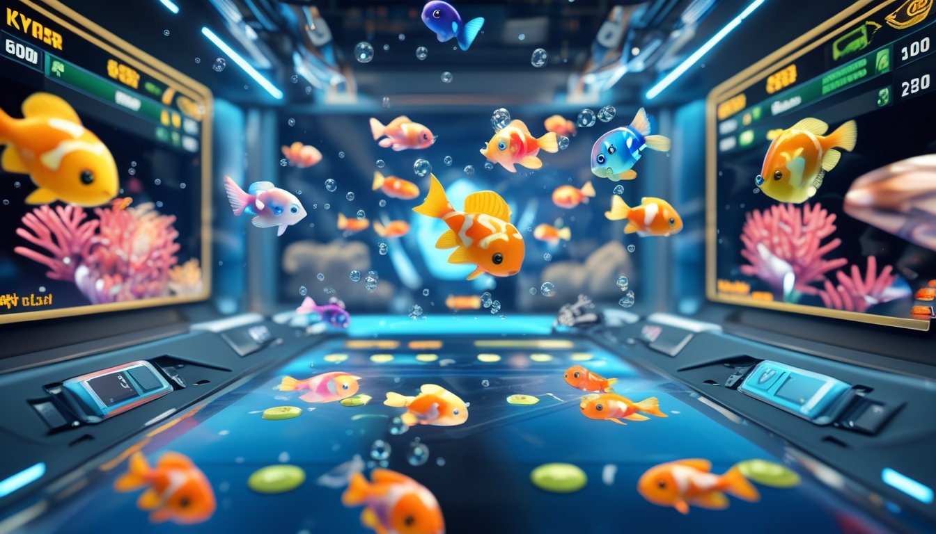 Tampilan layar permainan tembak ikan 2D dengan ikan berwarna-warni berenang dan kontrol permainan multiplayer yang terlihat di sekitar layar.