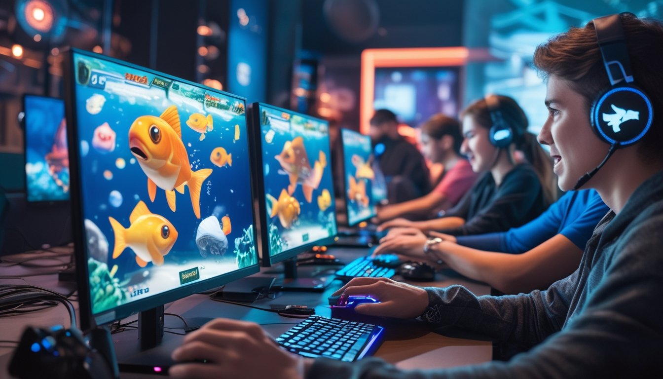 Beberapa orang sedang bermain game tembak ikan 2D multiplayer di komputer dengan grafik ikan berwarna-warni di layar.