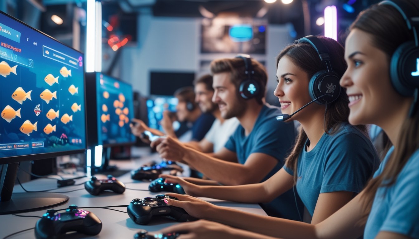 Sekelompok orang muda sedang bermain game tembak ikan 2D multiplayer di komputer dalam ruangan yang terang dan modern.