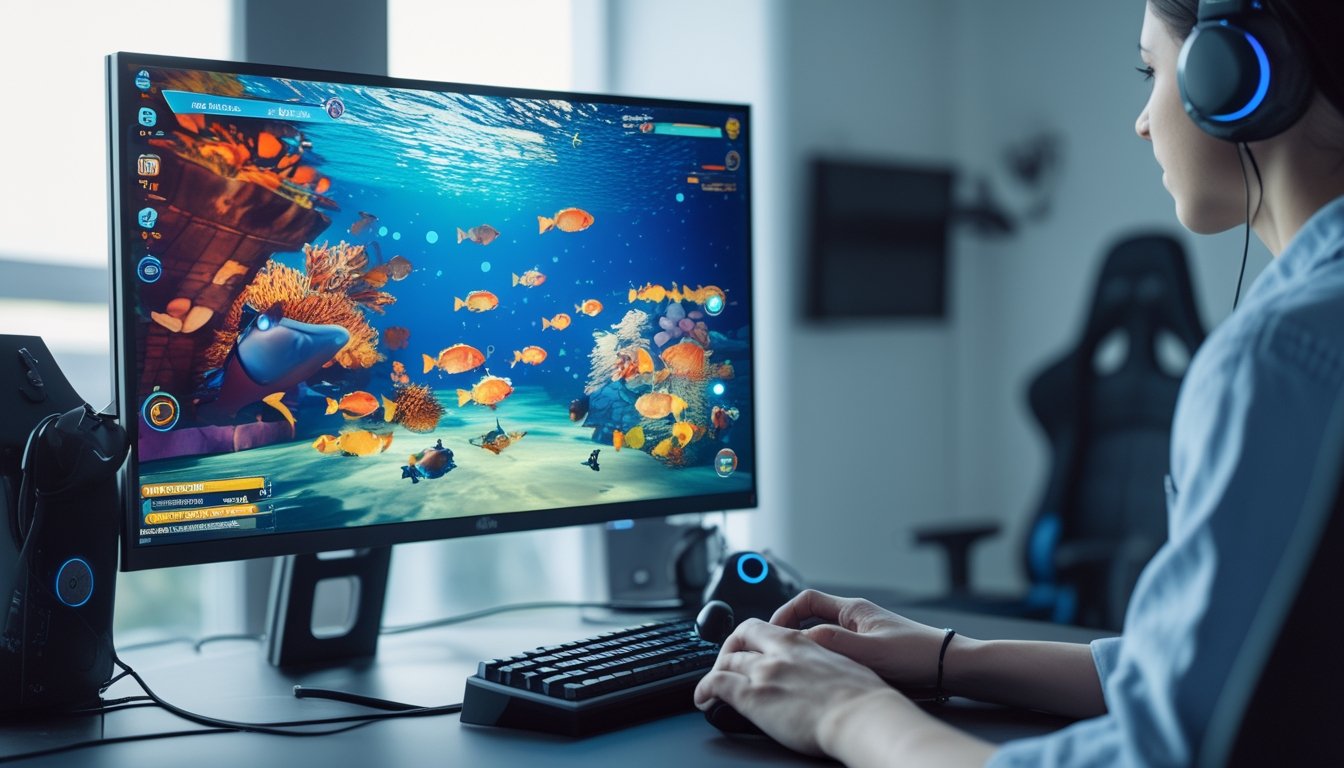 Seseorang sedang bermain game menembak ikan 2D multiplayer di komputer dengan layar menampilkan grafis bawah laut yang berwarna-warni.