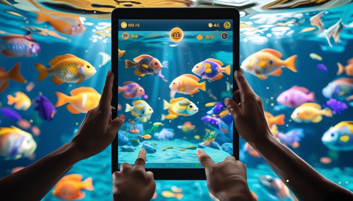 Beberapa tangan mengoperasikan perangkat digital dengan layar menampilkan permainan menembak ikan 2D multiplayer di bawah laut yang penuh ikan berwarna-warni.