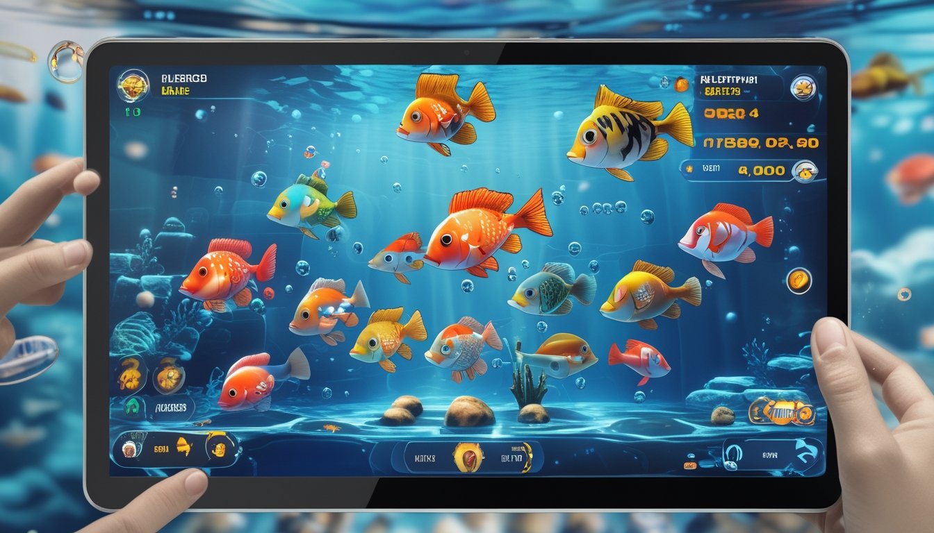 Tampilan layar permainan menembak ikan 2D multiplayer dengan ikan berwarna-warni berenang di latar bawah laut dan elemen kontrol permainan di sekitar layar.