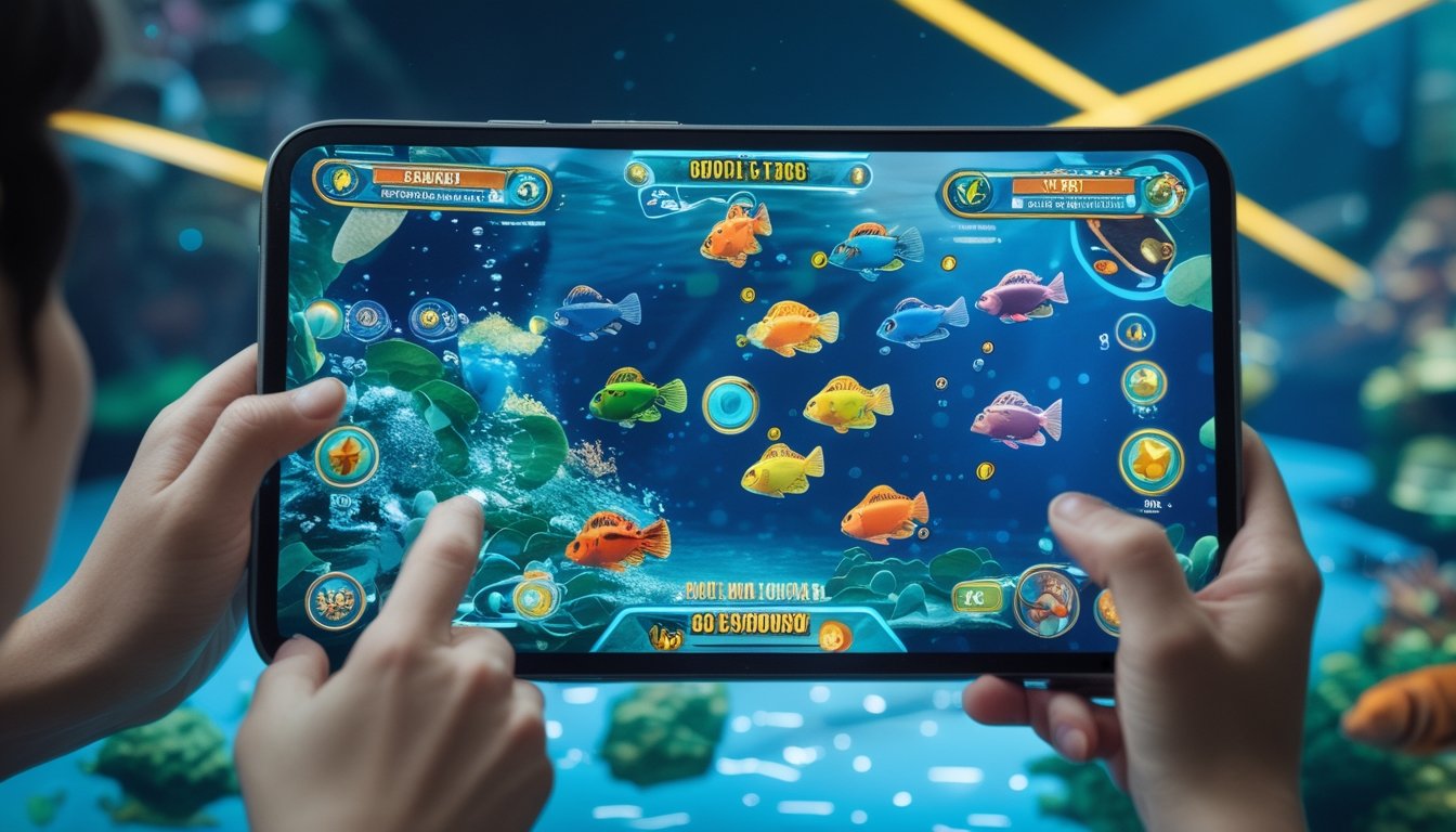 Layar perangkat digital yang menampilkan permainan tembak ikan 2D multiplayer dengan ikan berwarna-warni dan elemen permainan interaktif di latar bawah laut.