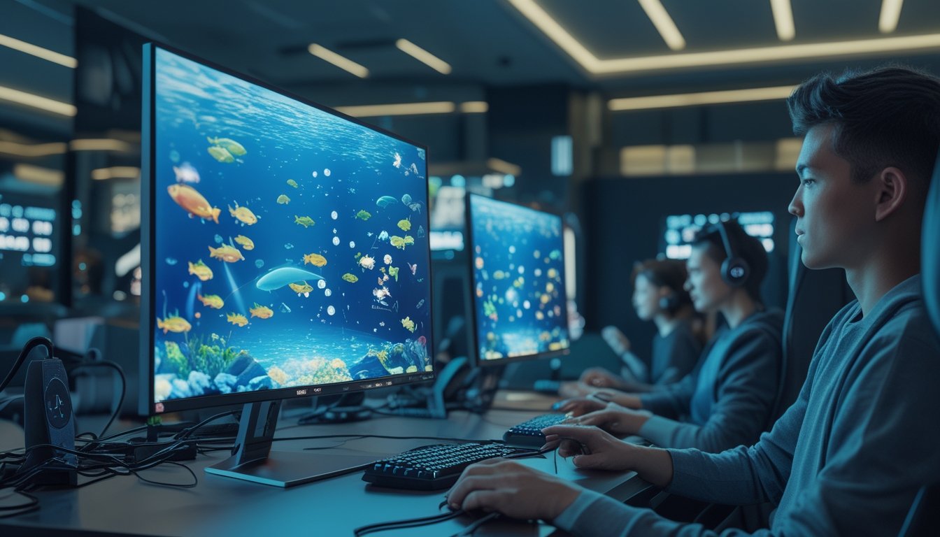 Beberapa pemain sedang fokus bermain game tembak ikan 2D multiplayer online di sebuah ruangan gaming modern dengan layar komputer yang menampilkan adegan bawah laut penuh ikan berwarna-warni.