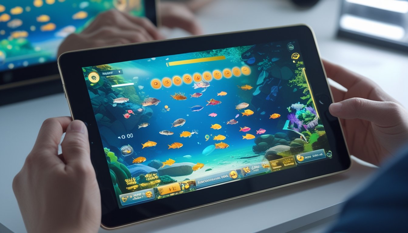 Beberapa tangan memainkan permainan tembak ikan 2D multiplayer di sebuah tablet dengan latar belakang setup permainan modern.