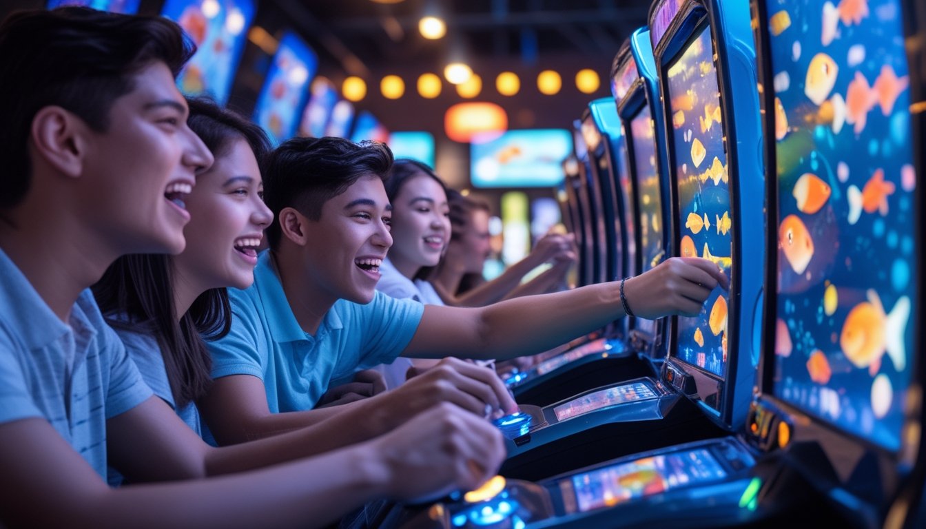 Beberapa orang sedang bermain game tembak ikan 2D multipemain dengan layar berwarna-warni di sebuah arcade modern.