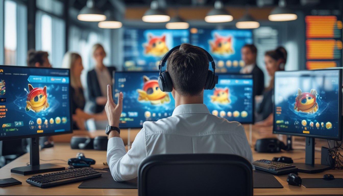 Seorang agen profesional sedang bekerja di kantor modern dengan beberapa layar komputer menampilkan permainan tembak ikan 2D multipemain dan ikon jackpot.