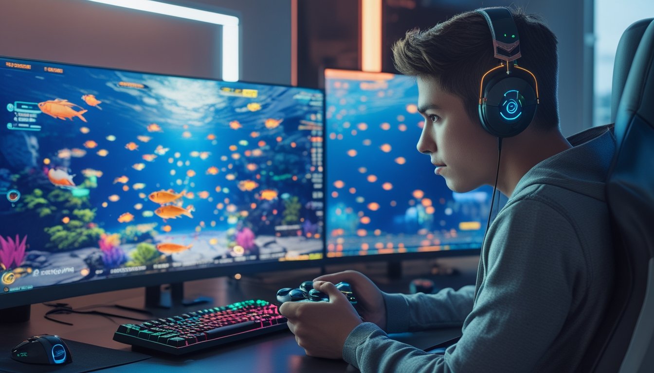 Seorang pemain muda sedang fokus bermain game tembak ikan multiplayer 2D di depan komputer dengan layar penuh warna ikan dan elemen bawah laut.
