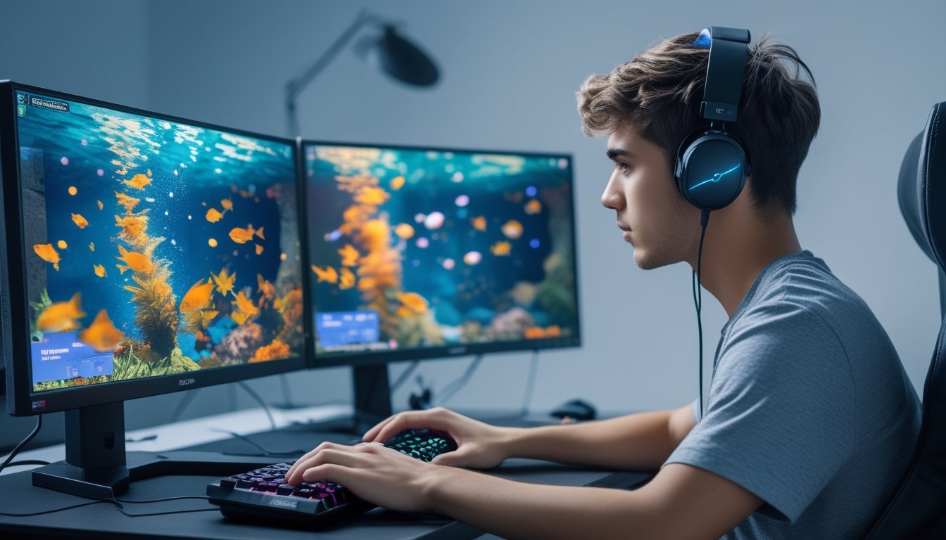 Seorang pria muda fokus bermain game tembak ikan multiplayer 2D di komputer dengan layar menampilkan ikan berwarna-warni dan efek tembakan.